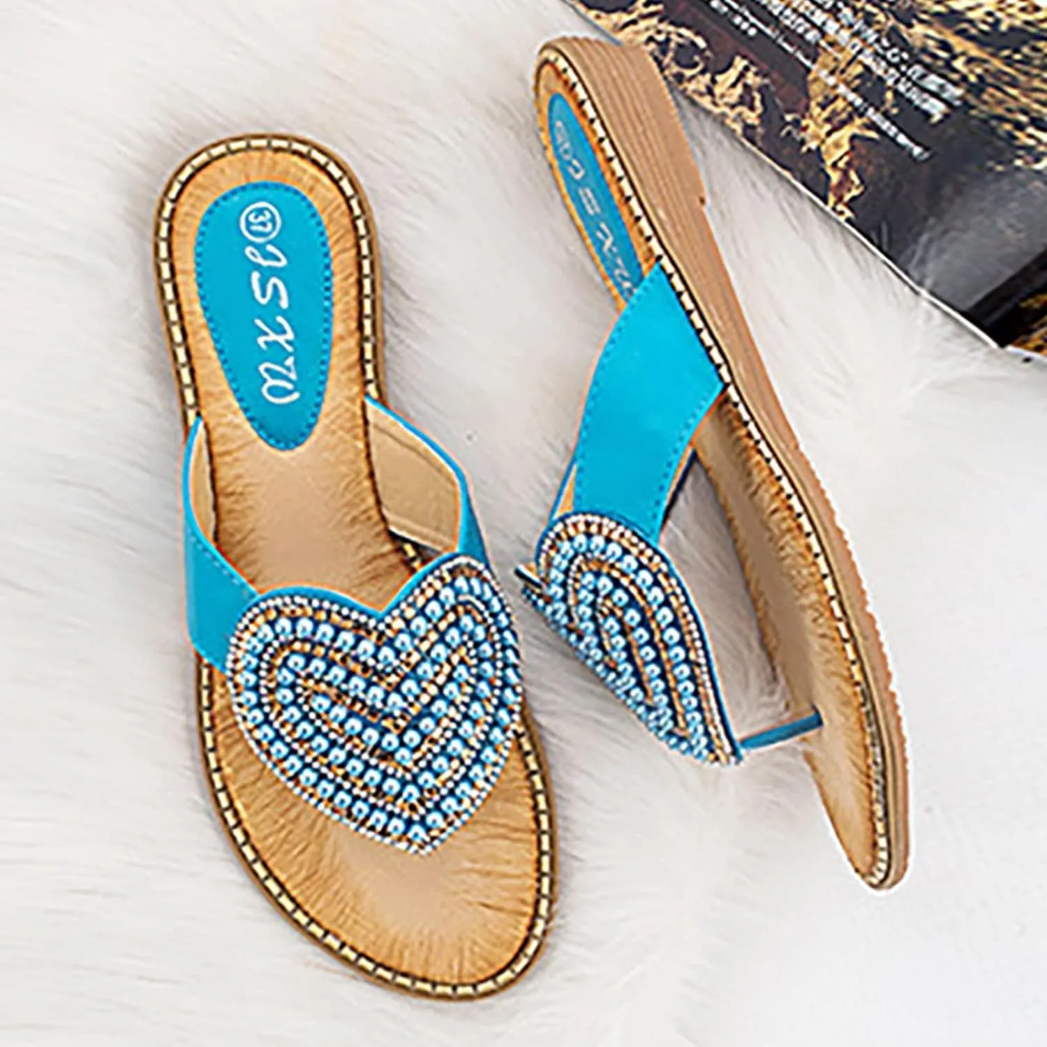 Womens Flat Sandals Dressy Pearl Beadeed Jewelry Open Toe Thong Flip Flops Casual Summer Slip On Beach Slide Slippers