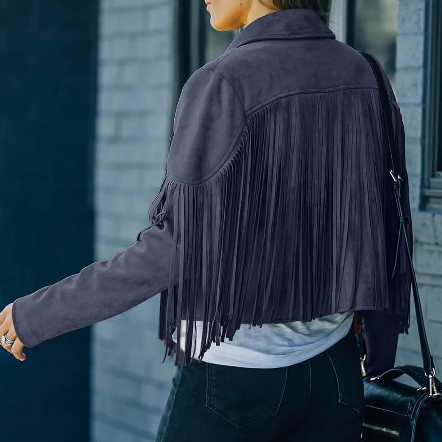 Women's Fringe Jackets Suede Tassel Jacket Crop Moto Biker Jackets Open Front Tassel Coat Western Cowgitl Outfits
