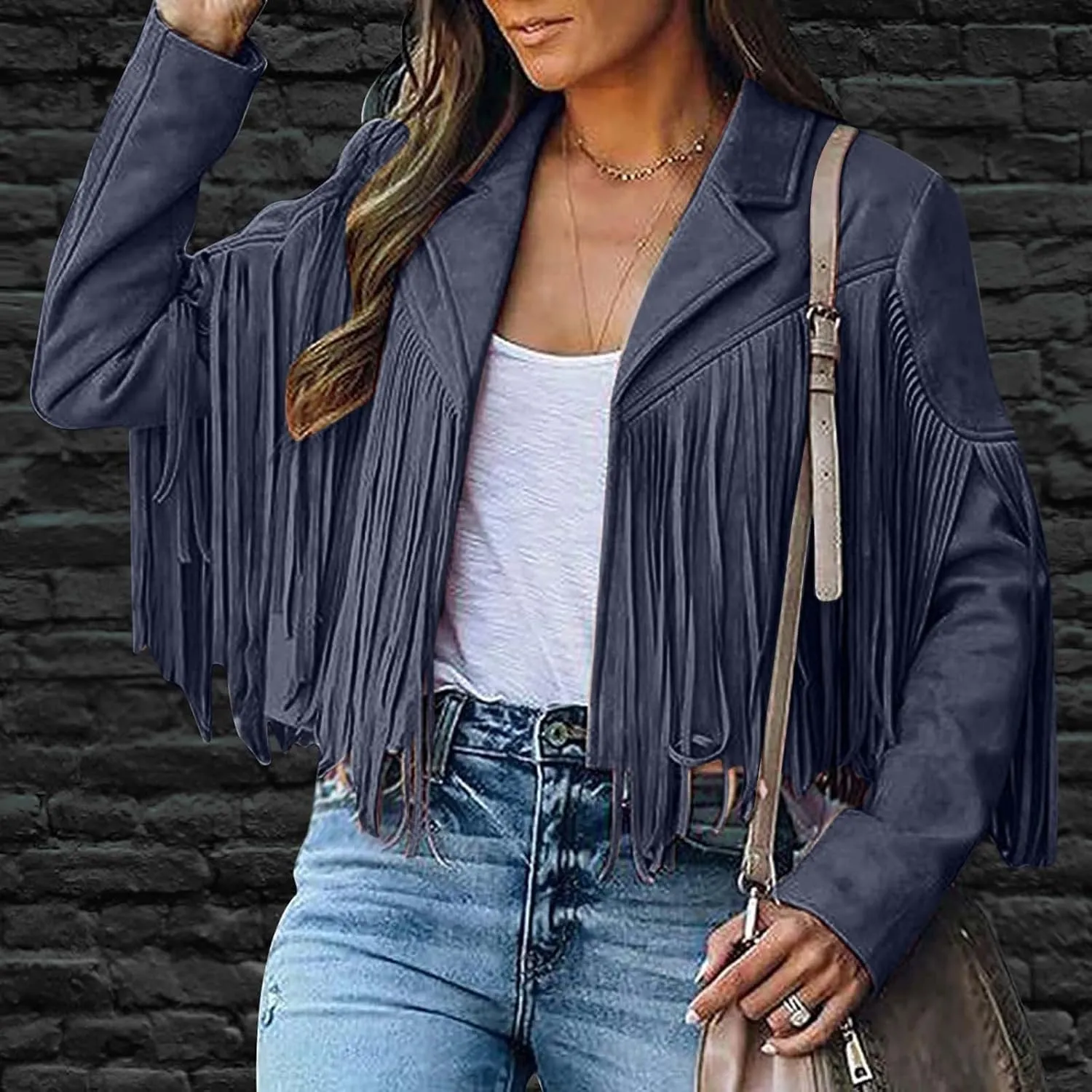 Women's Fringe Jackets Suede Tassel Jacket Crop Moto Biker Jackets Open Front Tassel Coat Western Cowgitl Outfits