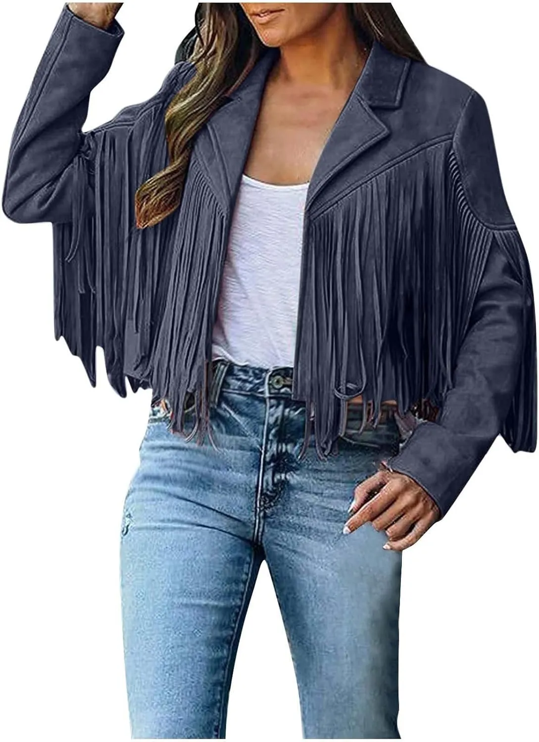 Women's Fringe Jackets Suede Tassel Jacket Crop Moto Biker Jackets Open Front Tassel Coat Western Cowgitl Outfits