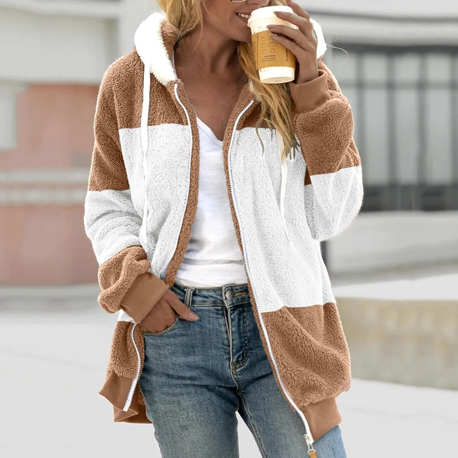 Womens Fuzzy Fleece Jacket Casual Color Block Zip Up Hoodies Winter Warm Sherpa Coats Long Sleeve Outerwear