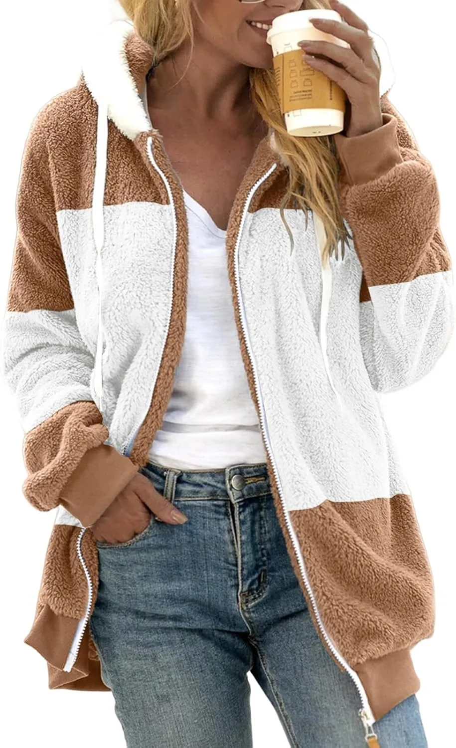 Womens Fuzzy Fleece Jacket Casual Color Block Zip Up Hoodies Winter Warm Sherpa Coats Long Sleeve Outerwear
