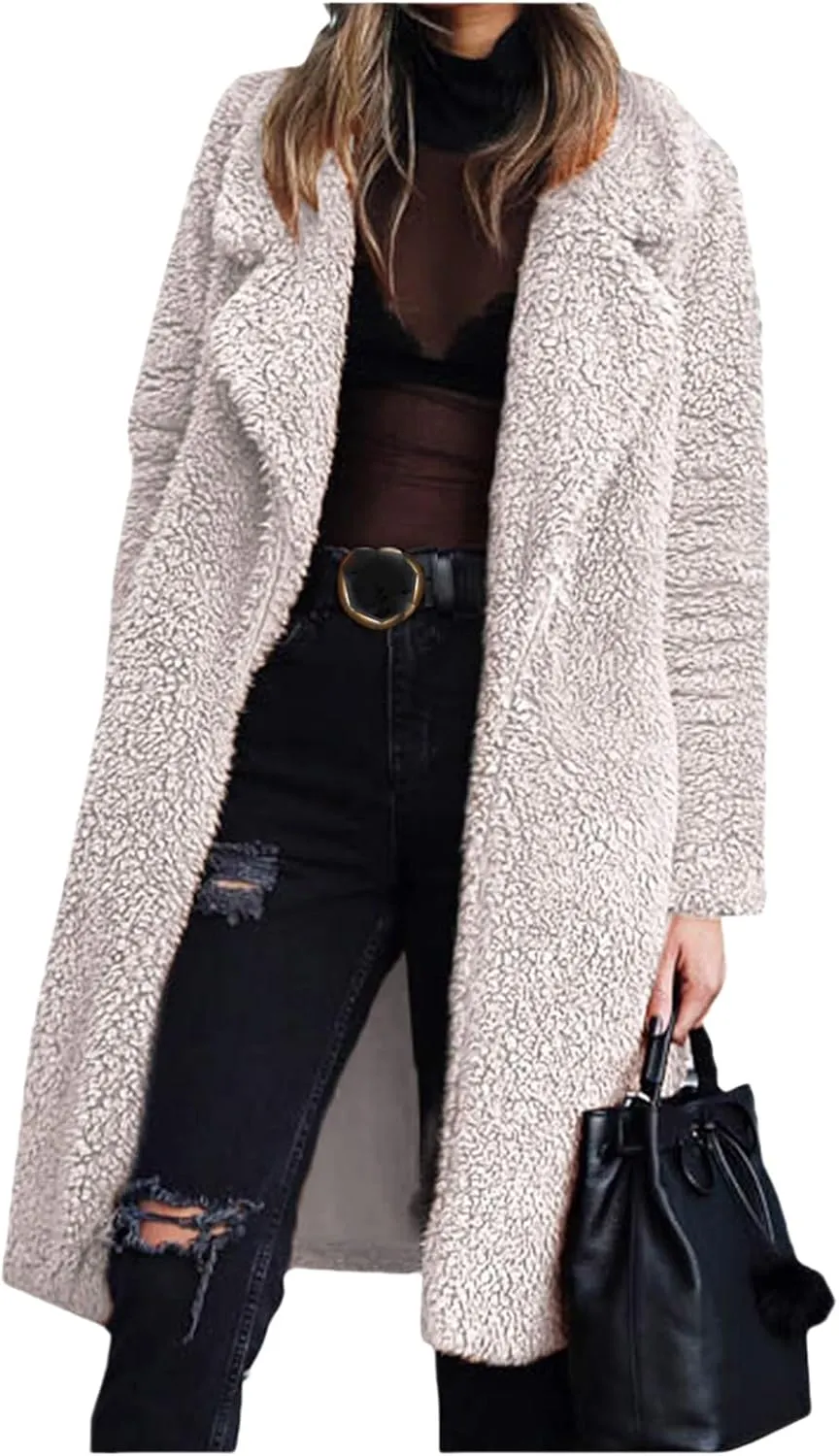 Women's Fuzzy Fleece Jackets Open Front Long Cardigan Casual Lapel Trench Coats Faux Fur Warm Coats Winter Coats