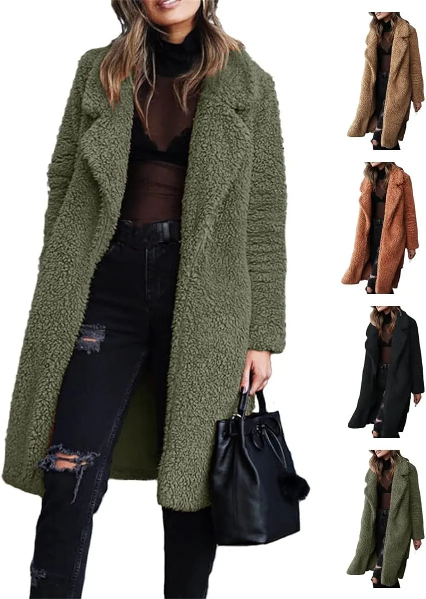 Women's Fuzzy Fleece Jackets Open Front Long Cardigan Casual Lapel Trench Coats Faux Fur Warm Coats Winter Coats