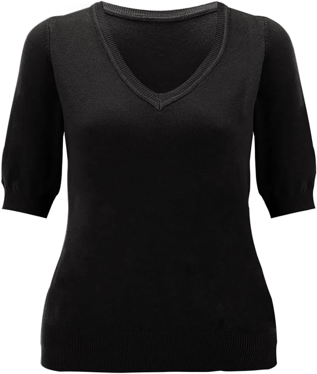 Womens Knitted Sweater Casual Short Sleeve V Neck Blouse Fashion Solid Color Layer Tops Loose Fit Outfit Shirts