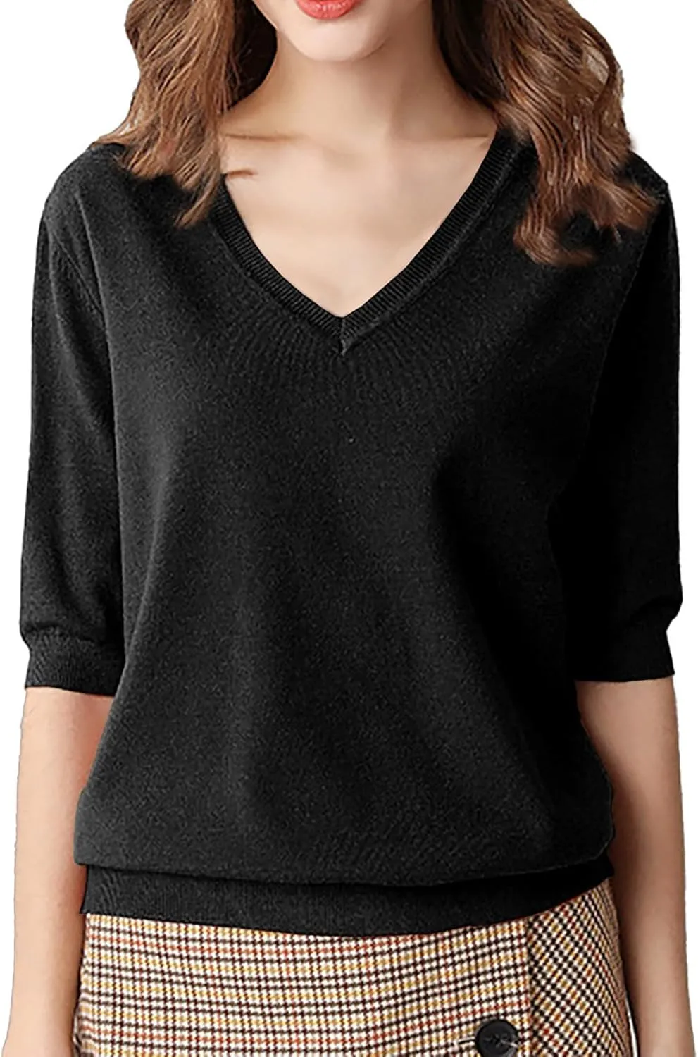 Womens Knitted Sweater Casual Short Sleeve V Neck Blouse Fashion Solid Color Layer Tops Loose Fit Outfit Shirts