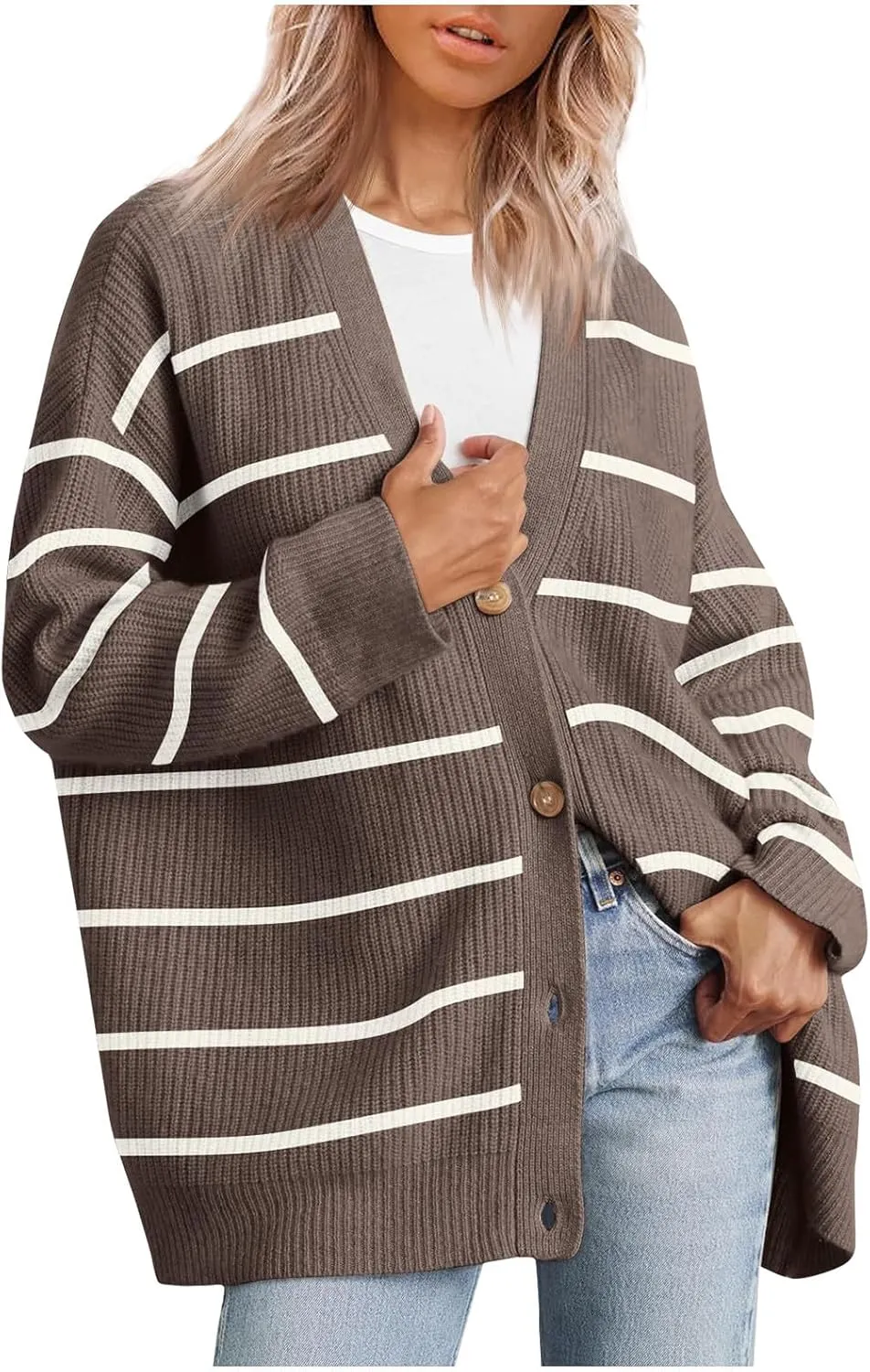 Women's Long Sleeve Knit Sweater Open Front Cardigan Casual Button Down Loose Knit Outerwear Fall Winter Trendy Coat
