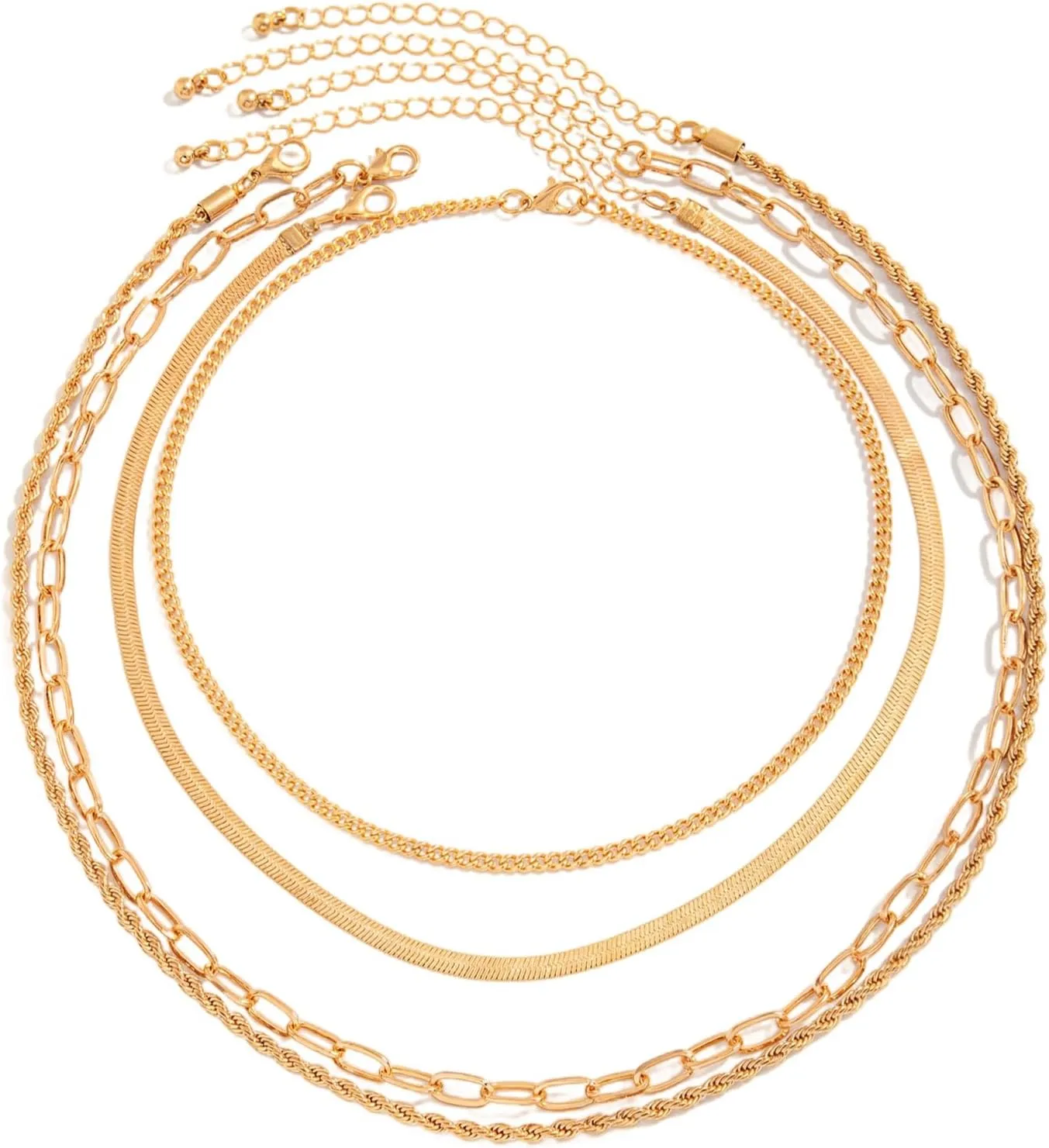 WomenS Multi-Layer Chain Necklace Set, Four Pieces In Gold & Silver Finish, Paperclip & Snake Chains, Adjustable Fit For Everyday To Dressy Looks