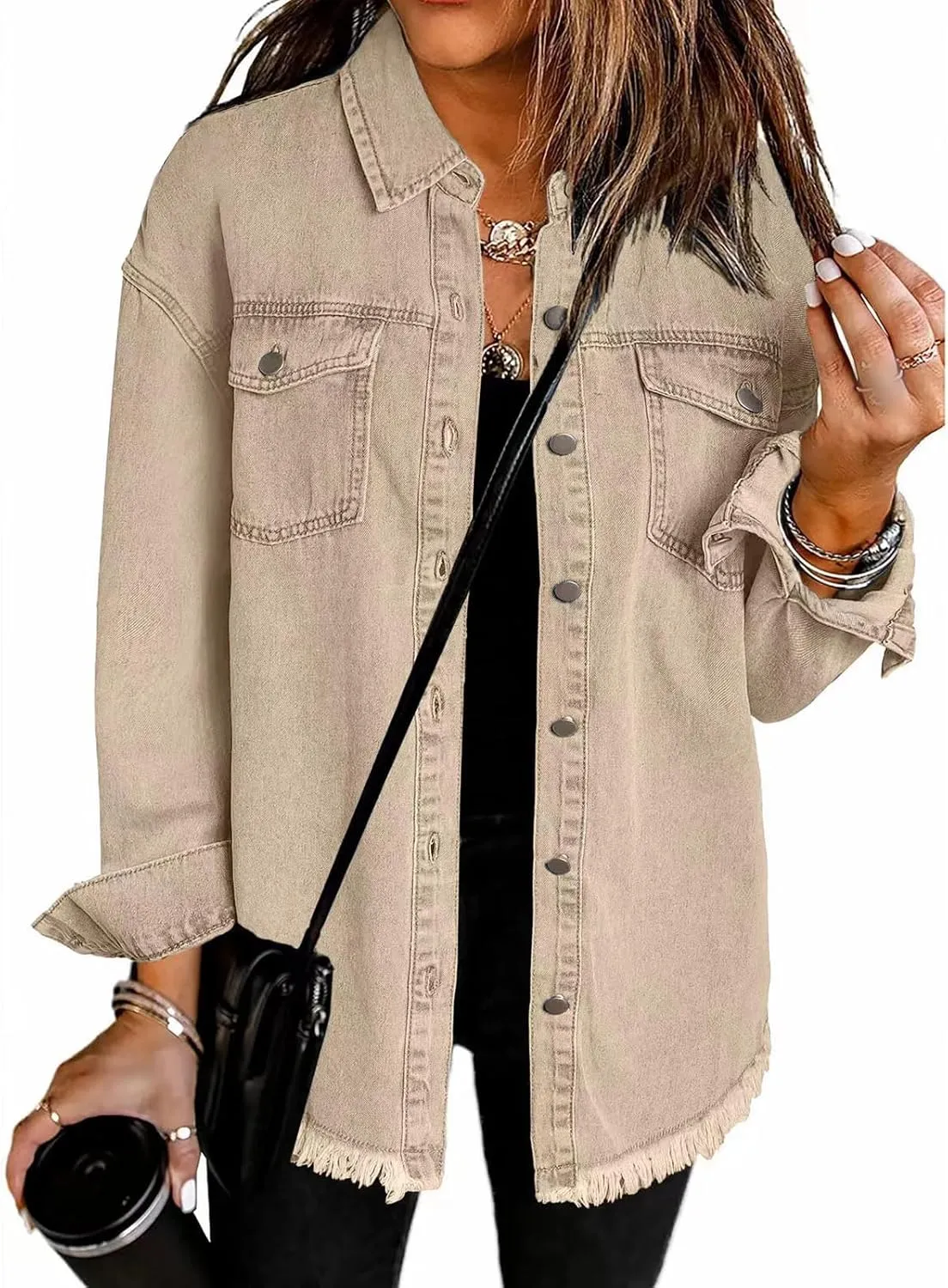 Womens Oversized Denim Jacket Casual Long Boyfriend Button Down Distressed Jean Jacket Fall Shacket Jacket