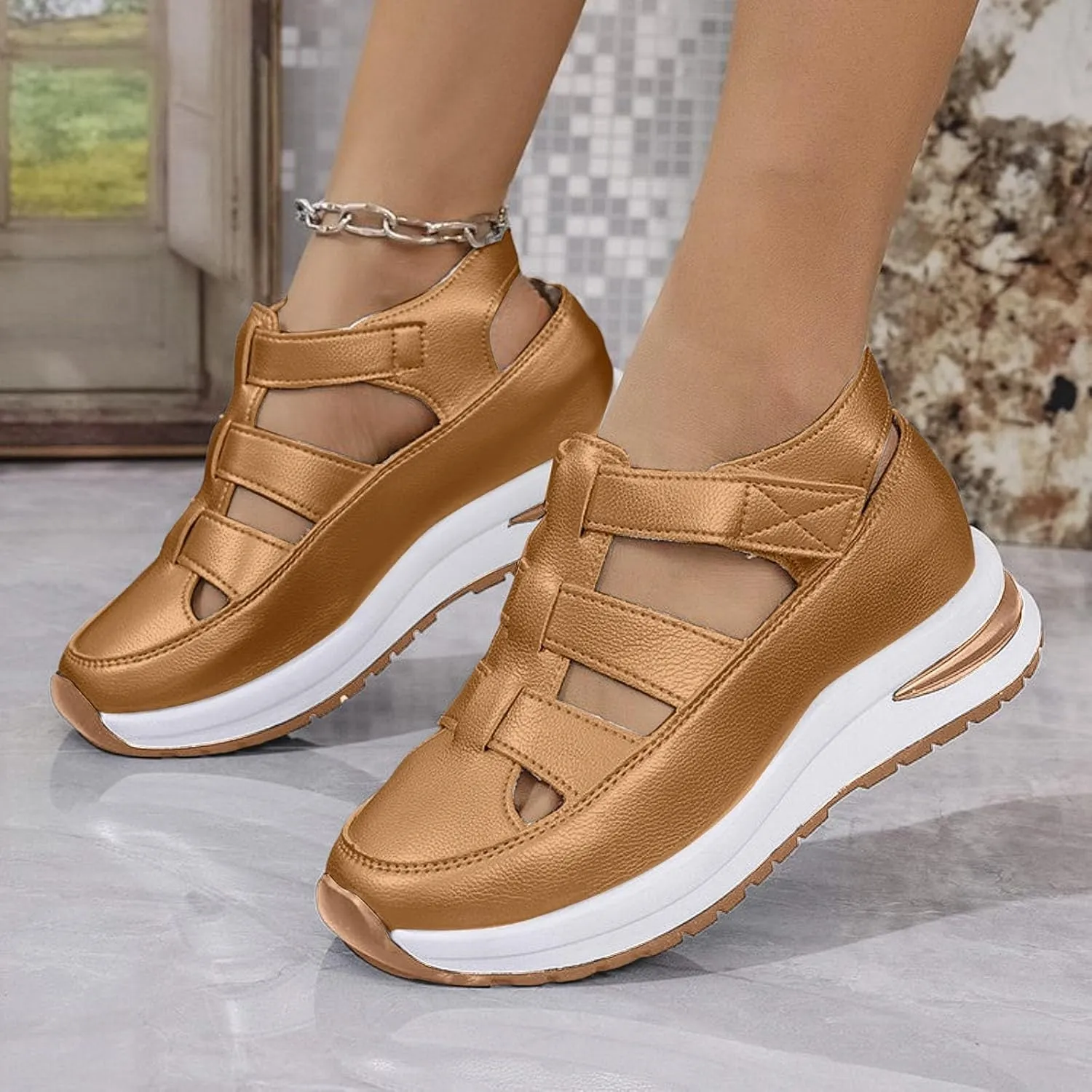 Women's Platform Sandals Hollow-Out Closed Toe Ankle Strap Wedge Sandal Height-Boosting Thick Sole Summer Casual Comfortable Walking Shoes