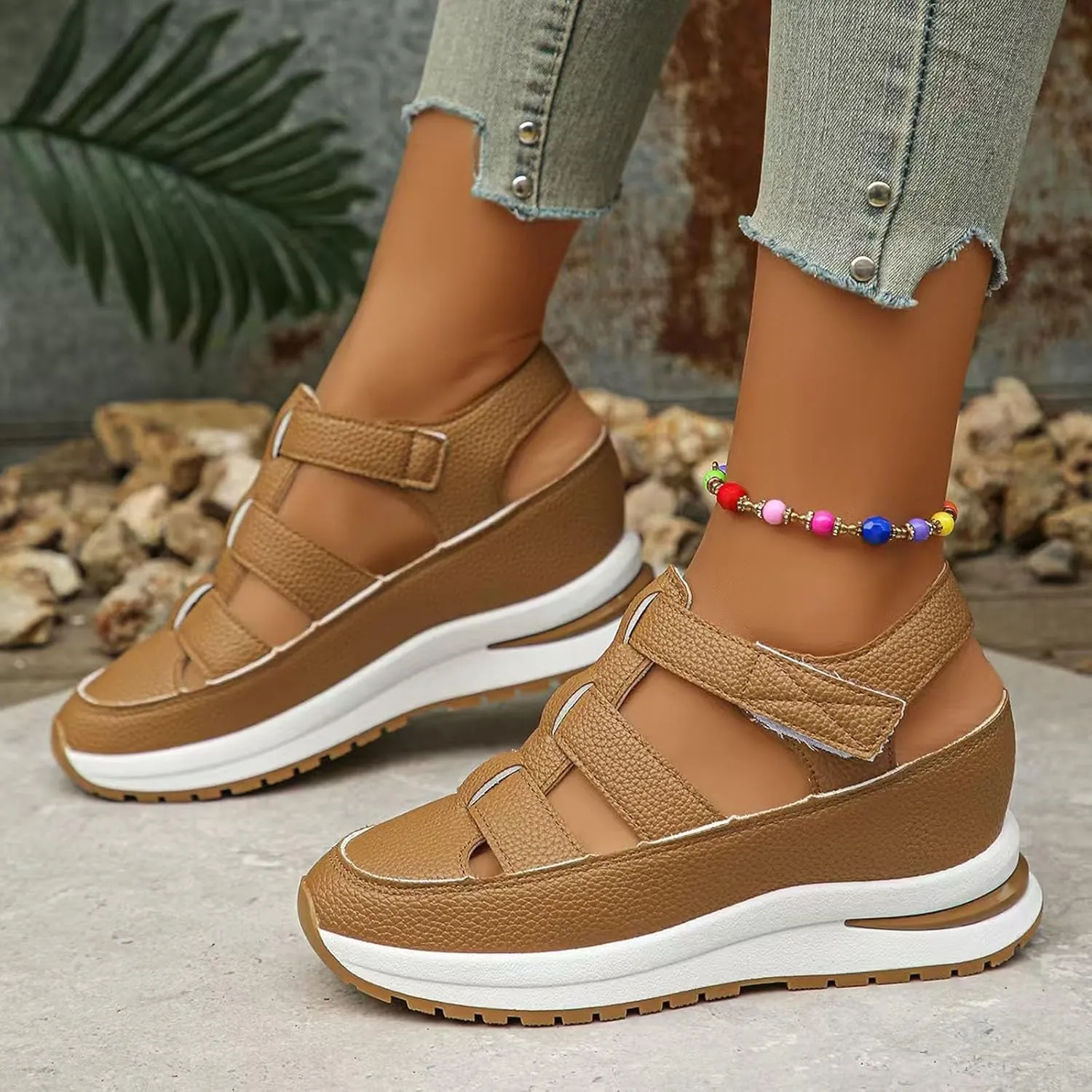 Women's Platform Sandals Hollow-Out Closed Toe Ankle Strap Wedge Sandal Height-Boosting Thick Sole Summer Casual Comfortable Walking Shoes