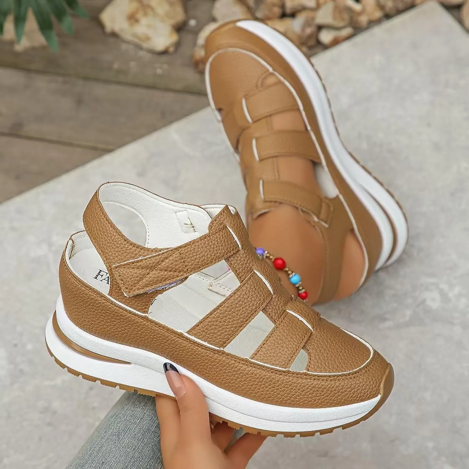Women's Platform Sandals Hollow-Out Closed Toe Ankle Strap Wedge Sandal Height-Boosting Thick Sole Summer Casual Comfortable Walking Shoes