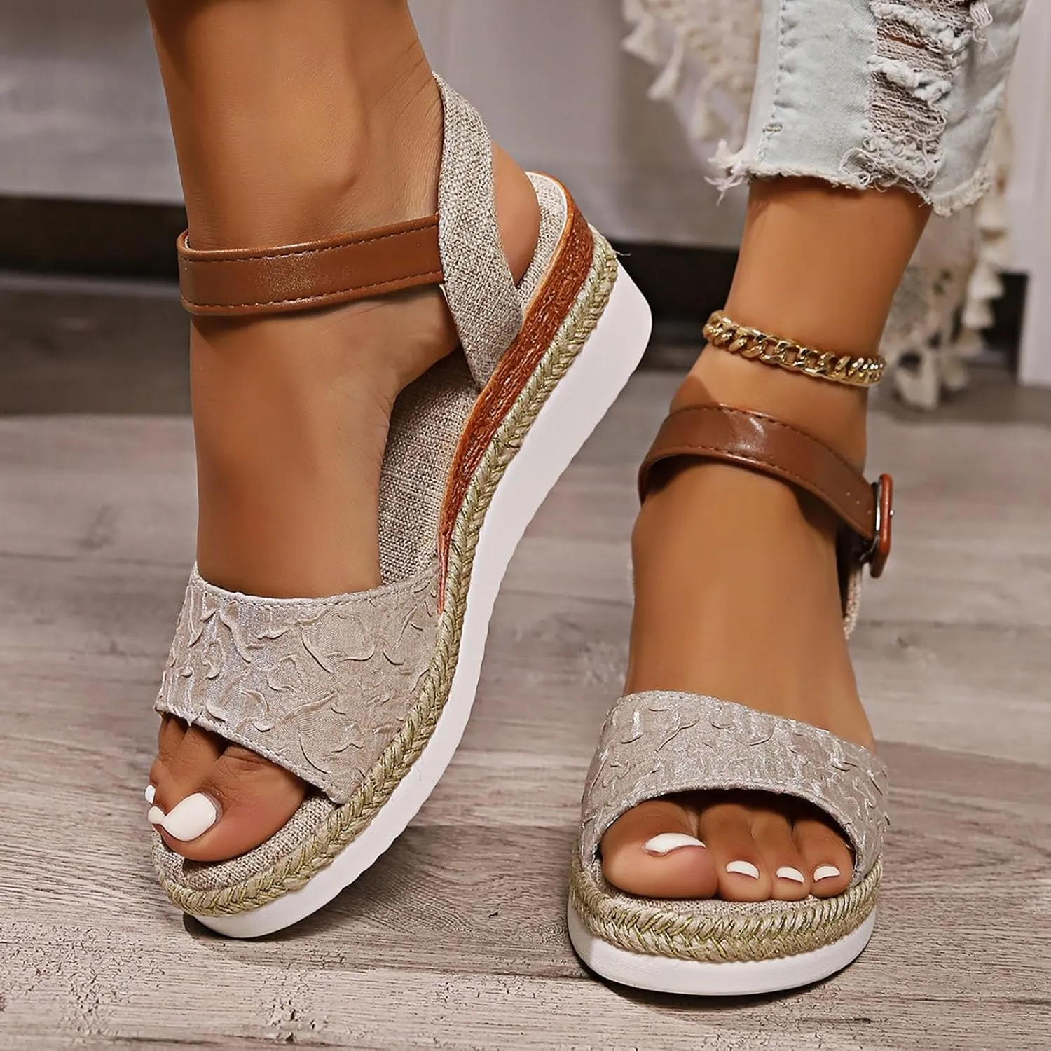 Women's Platform Wedge Sandals Buckled Ankle Strap Open Toe Casual Sandals Canvas Slip for Women 2025 Summer Dressy