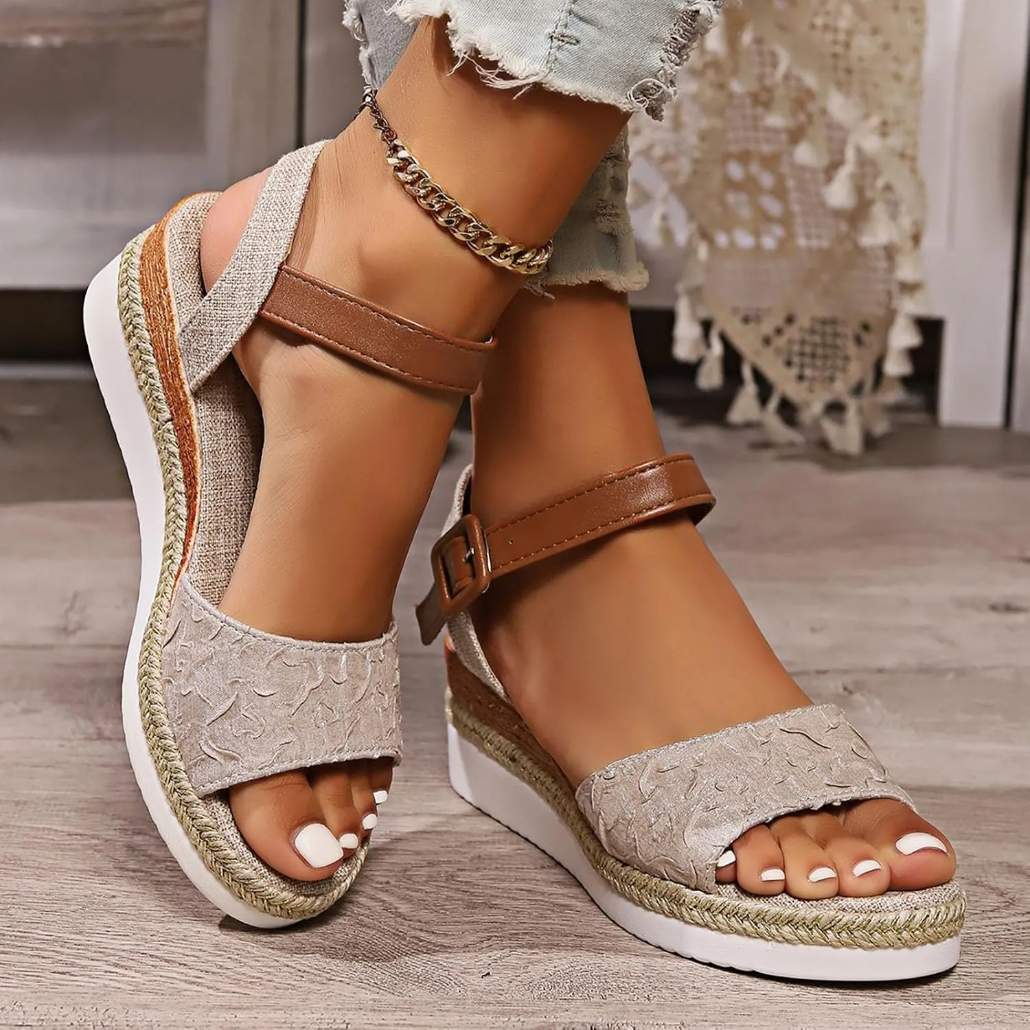 Women's Platform Wedge Sandals Buckled Ankle Strap Open Toe Casual Sandals Canvas Slip for Women 2025 Summer Dressy
