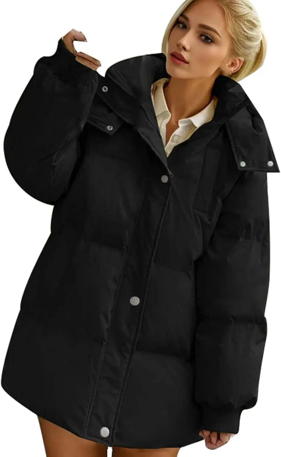 Women's Puffer Jacket Lightweight Quilted Down Jackets Oversized Mid Length Thickened Hoodie Winter Coat with Pockets