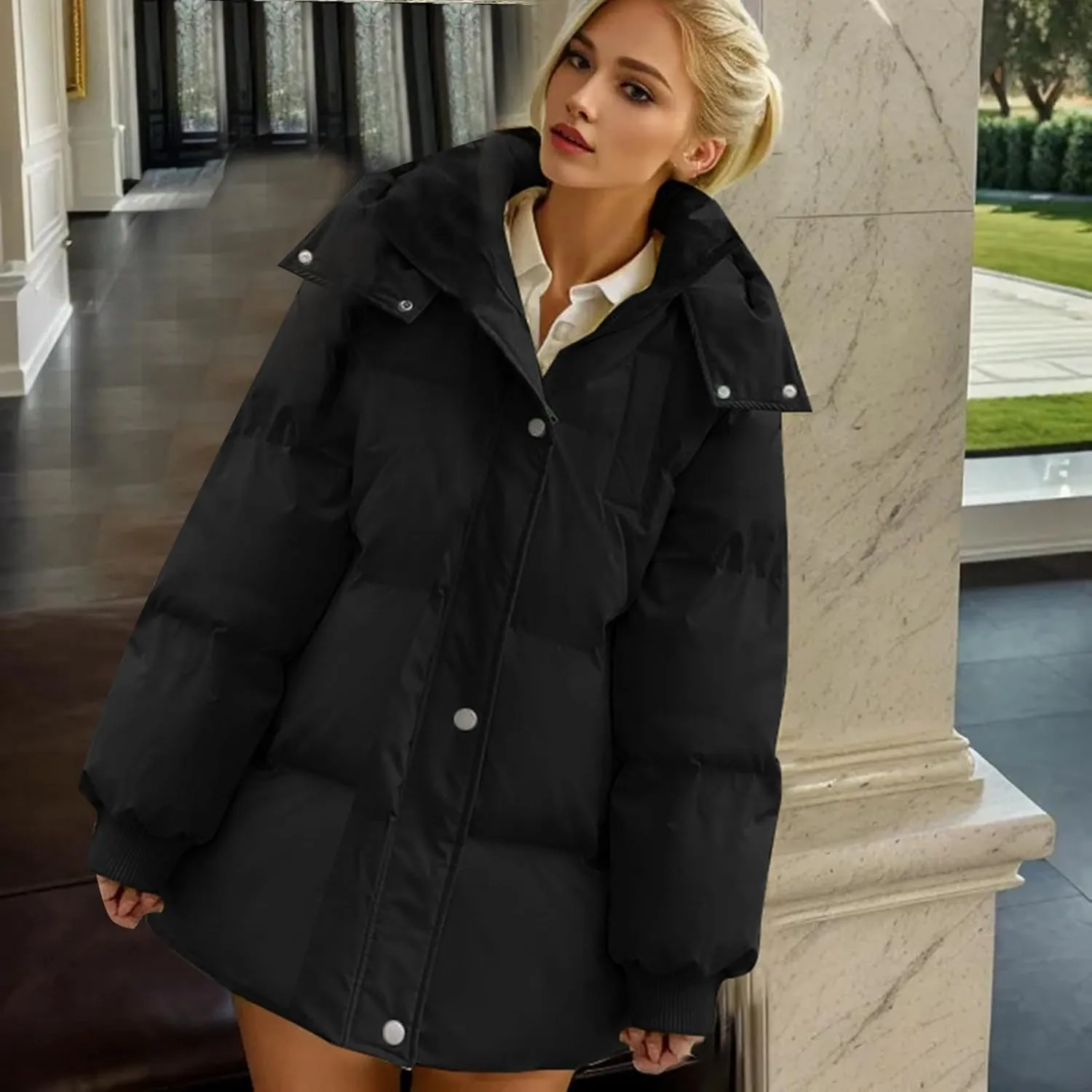 Women's Puffer Jacket Lightweight Quilted Down Jackets Oversized Mid Length Thickened Hoodie Winter Coat with Pockets