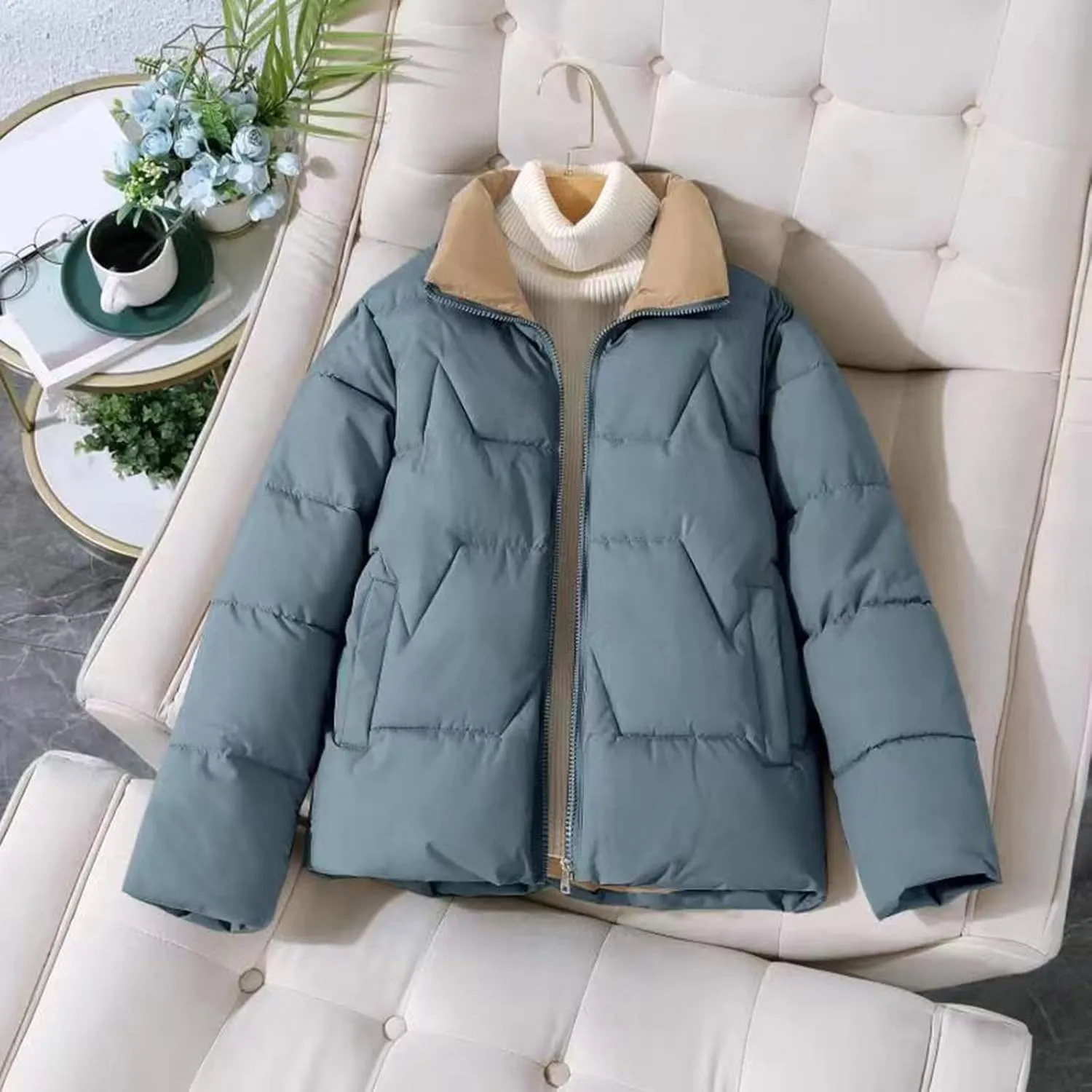 Women's Puffer Jackets Long Sleeve Winter Cropped Quilted Jacket Parka Zip Stand Collar Short Thicken Down Coats Girl