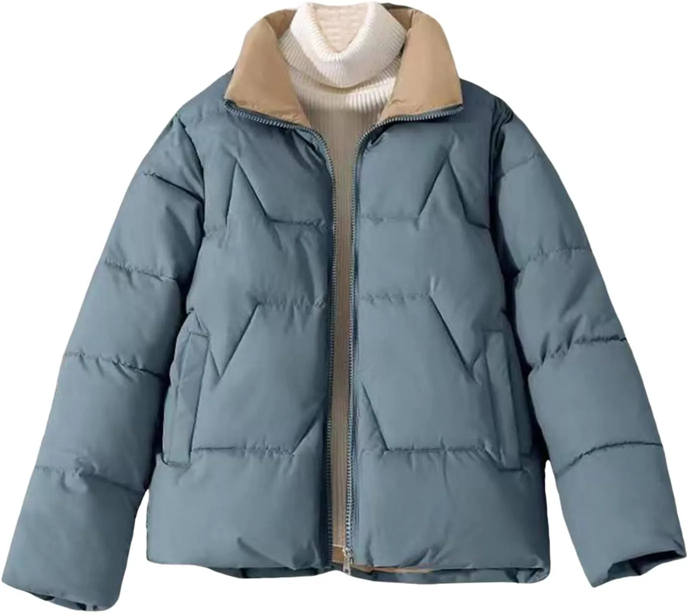 Women's Puffer Jackets Long Sleeve Winter Cropped Quilted Jacket Parka Zip Stand Collar Short Thicken Down Coats Girl