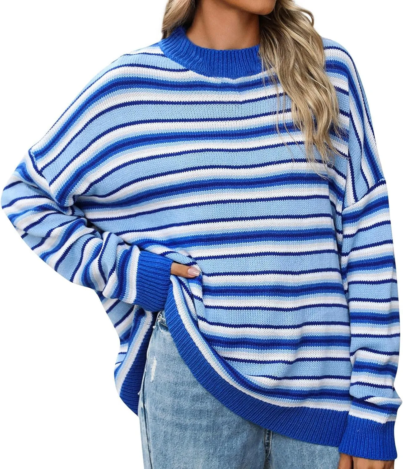 Womens Ribbed Knit Sweaters 2024 Oversized Fall Long Spilt Hem Tunic Pullover Tops Crew Neck Striped Jumper Tops