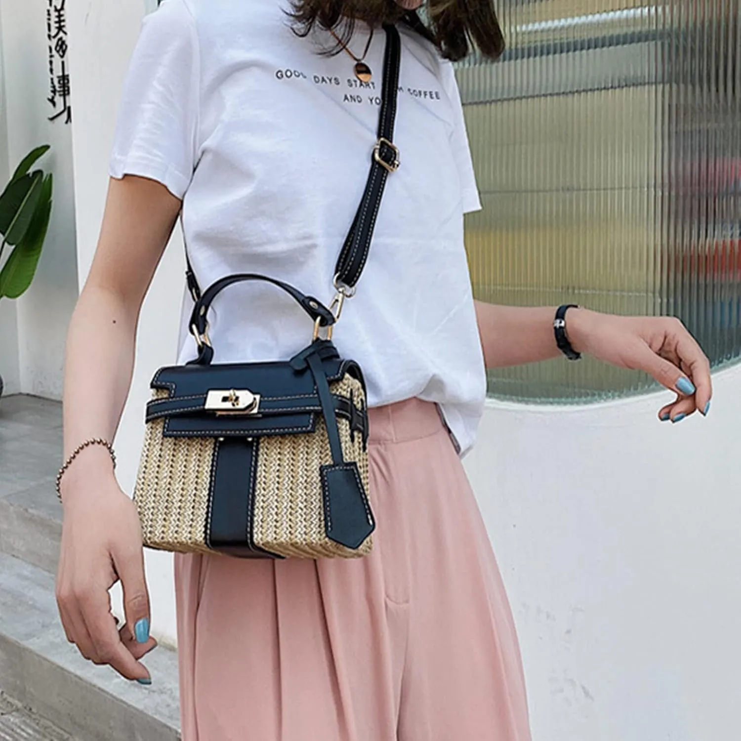 Women's Straw Beach Bag Crossbody Bag, Summer Leather Stitching Straw Handbag Shoulder Bag