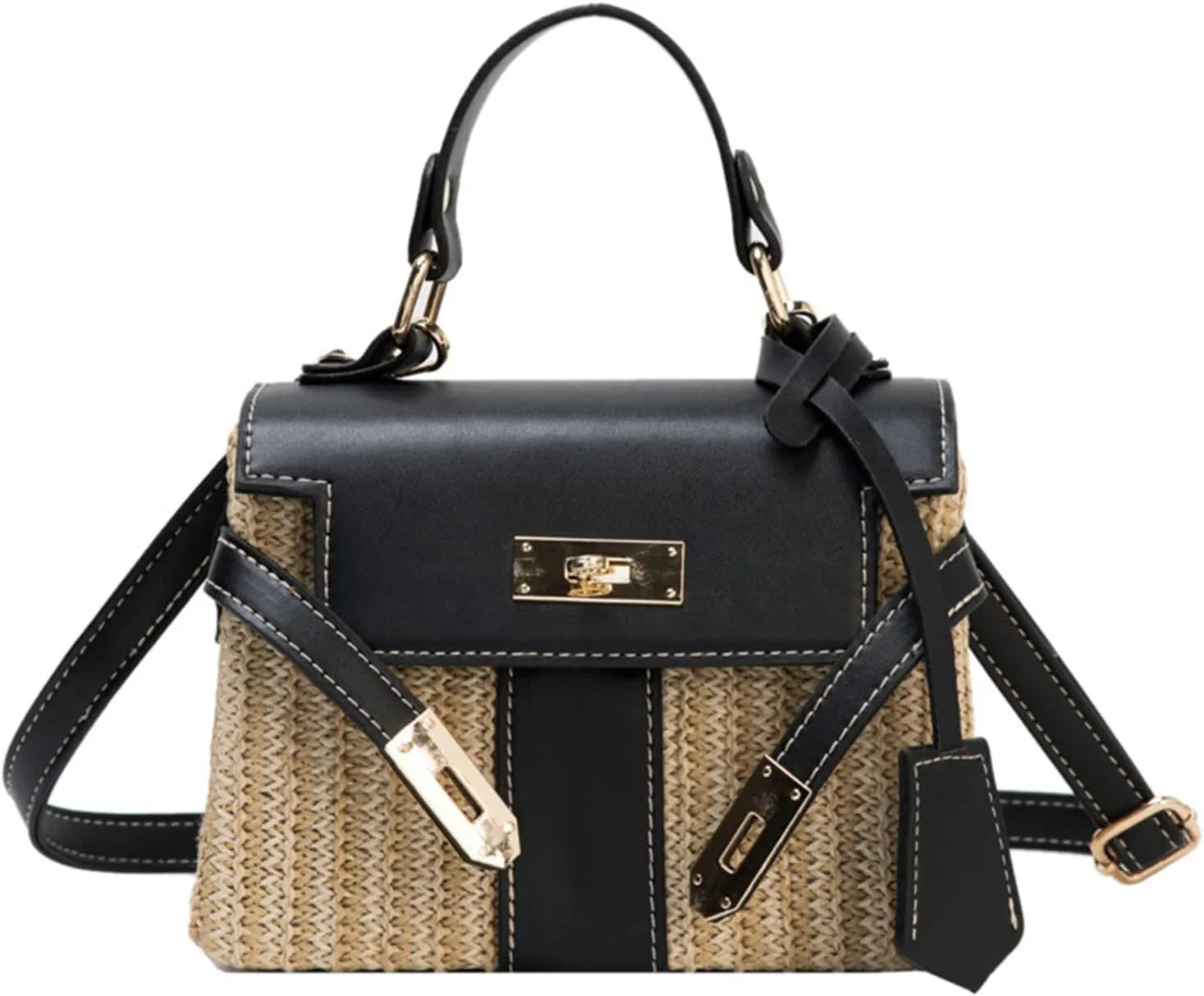 Women's Straw Beach Bag Crossbody Bag, Summer Leather Stitching Straw Handbag Shoulder Bag