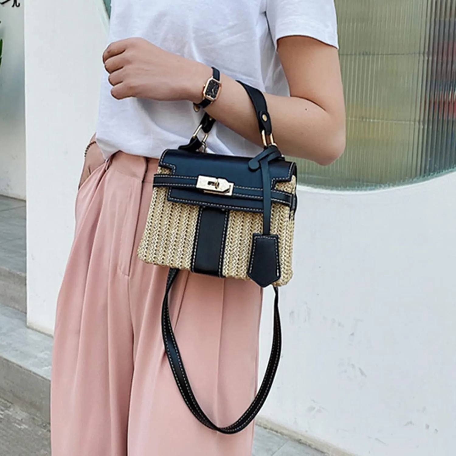 Women's Straw Beach Bag Crossbody Bag, Summer Leather Stitching Straw Handbag Shoulder Bag
