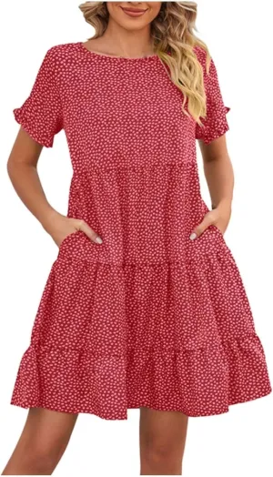 Women's Summer Dresses Ruffle Sleeve Round Neck Mini Dress Floral Print Loose Comfy Swing Sundresses Beach