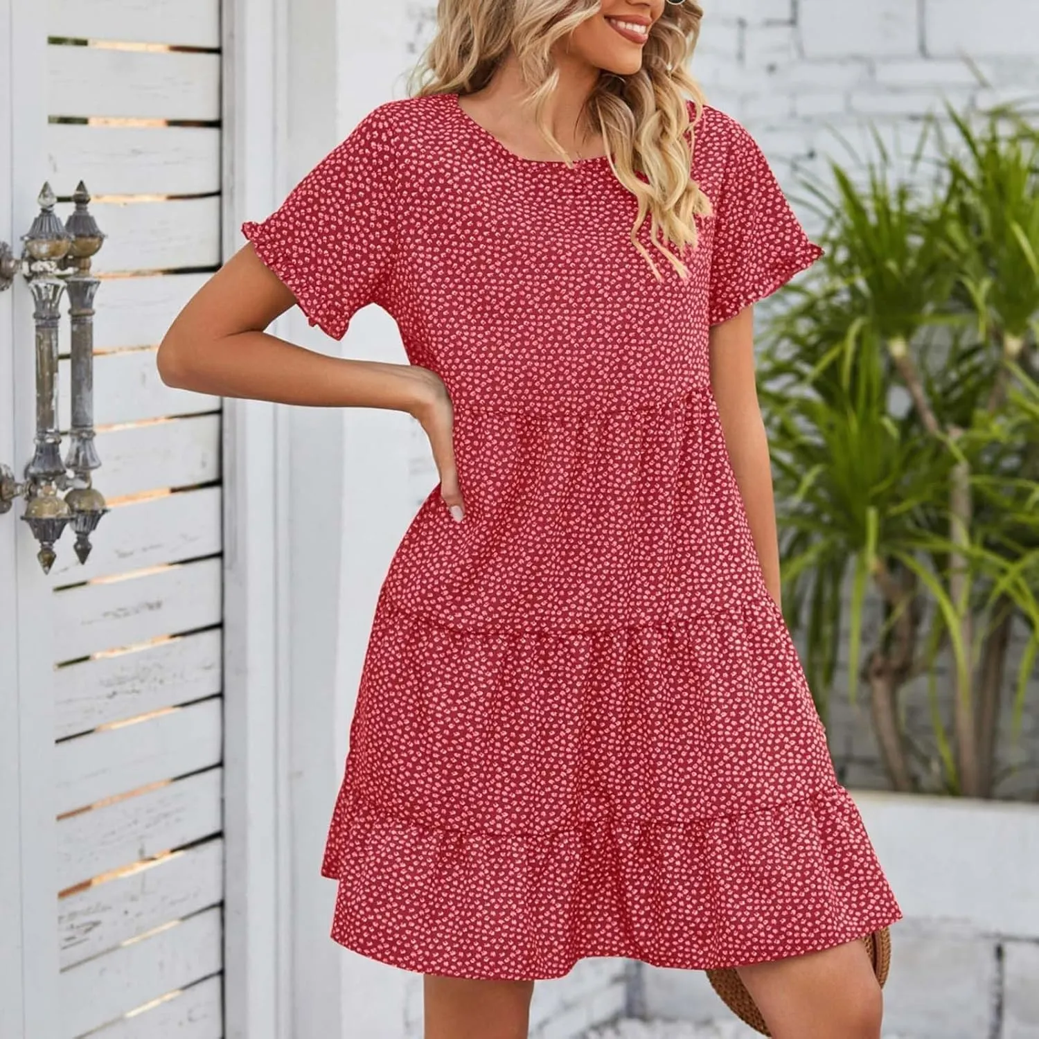 Women's Summer Dresses Ruffle Sleeve Round Neck Mini Dress Floral Print Loose Comfy Swing Sundresses Beach