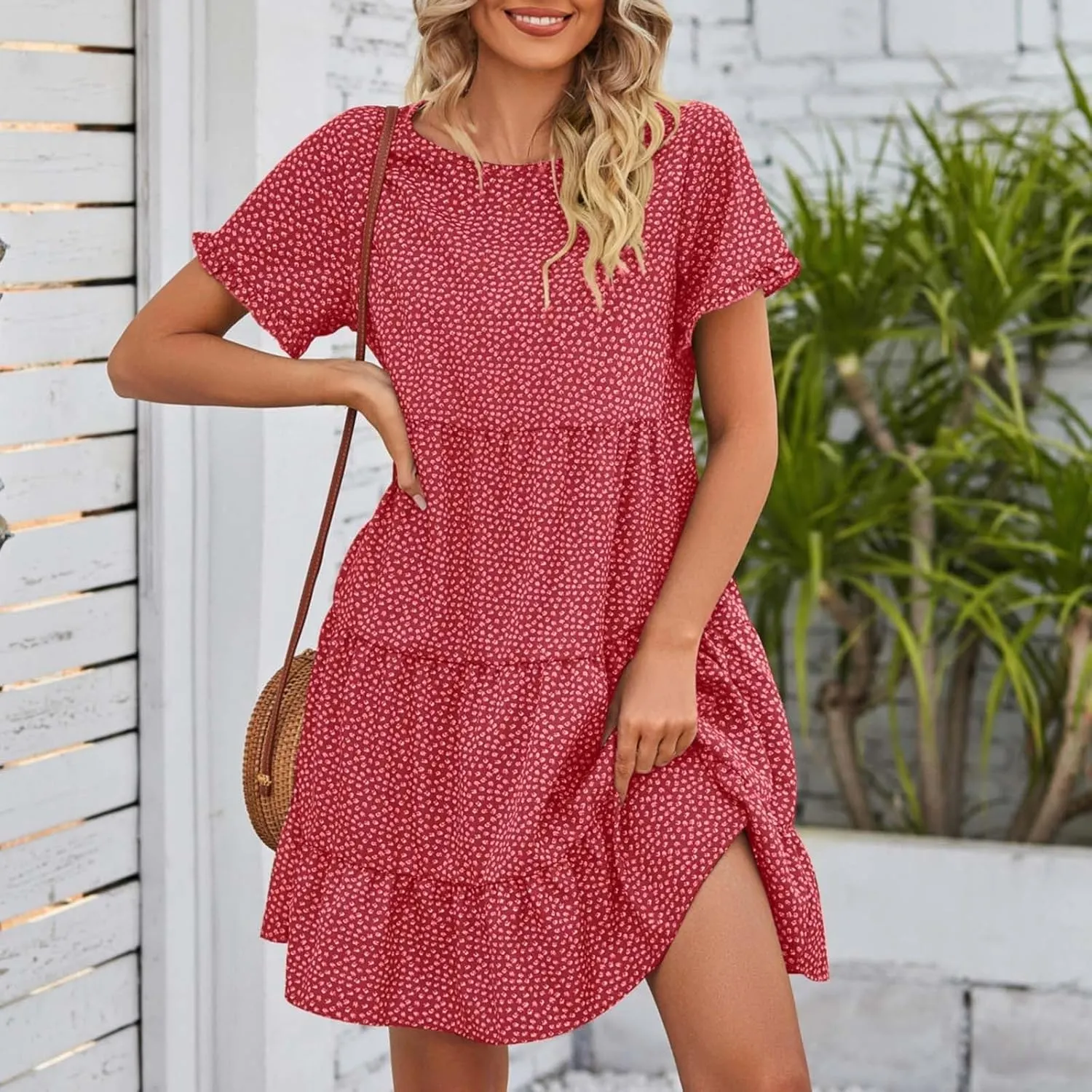 Women's Summer Dresses Ruffle Sleeve Round Neck Mini Dress Floral Print Loose Comfy Swing Sundresses Beach