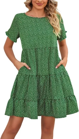 Women's Summer Dresses Ruffle Sleeve Round Neck Mini Dress Floral Print Loose Comfy Swing Sundresses Beach