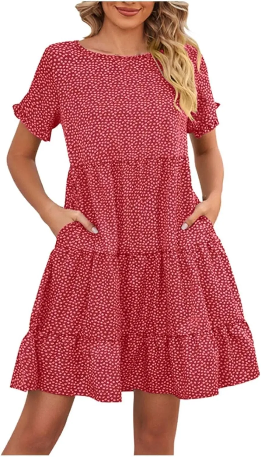 Women's Summer Dresses Ruffle Sleeve Round Neck Mini Dress Floral Print Loose Comfy Swing Sundresses Beach