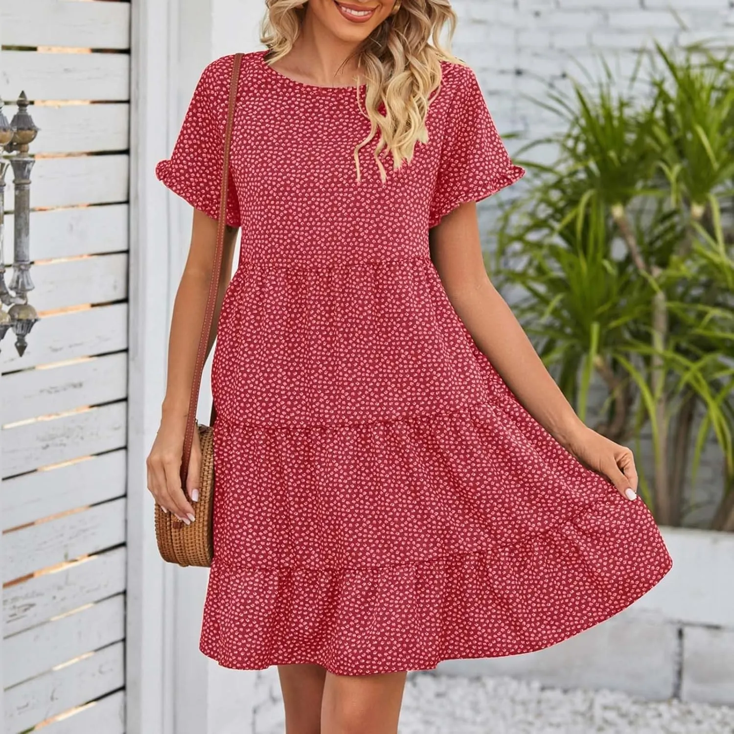Women's Summer Dresses Ruffle Sleeve Round Neck Mini Dress Floral Print Loose Comfy Swing Sundresses Beach