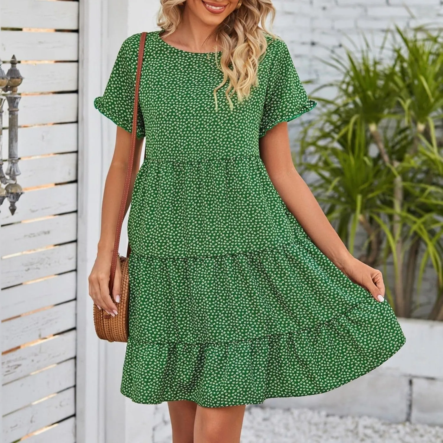 Women's Summer Dresses Ruffle Sleeve Round Neck Mini Dress Floral Print Loose Comfy Swing Sundresses Beach