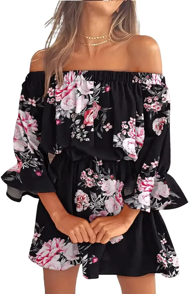 Women's Summer Floral Print One Shoulder Ruffle Bell Sleeve Dress Elegant Bell Sleeve Short Mini A Line Dress