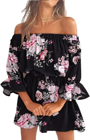Women's Summer Floral Print One Shoulder Ruffle Bell Sleeve Dress Elegant Bell Sleeve Short Mini A Line Dress