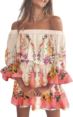 Women's Summer Floral Print One Shoulder Ruffle Bell Sleeve Dress Elegant Bell Sleeve Short Mini A Line Dress