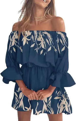 Women's Summer Floral Print One Shoulder Ruffle Bell Sleeve Dress Elegant Bell Sleeve Short Mini A Line Dress