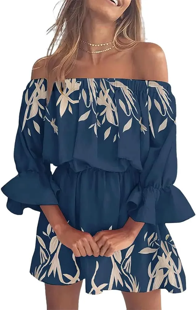 Women's Summer Floral Print One Shoulder Ruffle Bell Sleeve Dress Elegant Bell Sleeve Short Mini A Line Dress