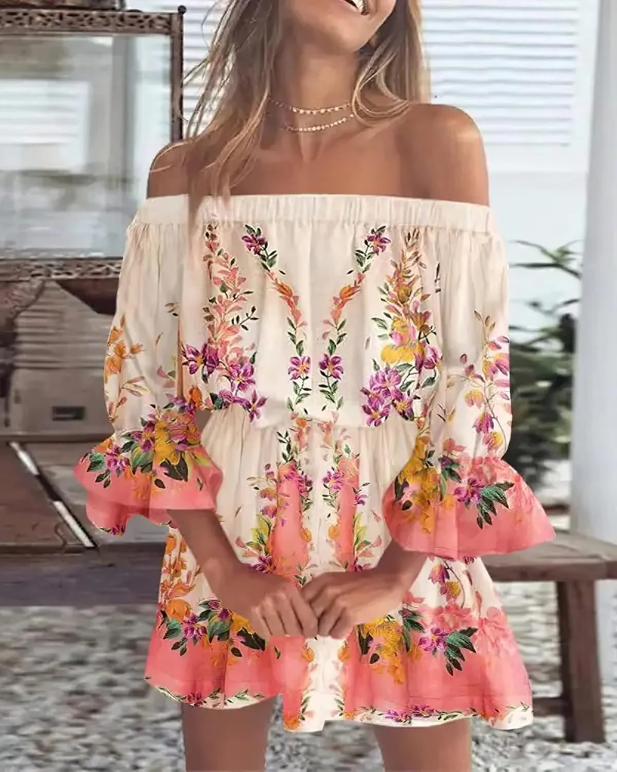 Women's Summer Floral Print One Shoulder Ruffle Bell Sleeve Dress Elegant Bell Sleeve Short Mini A Line Dress