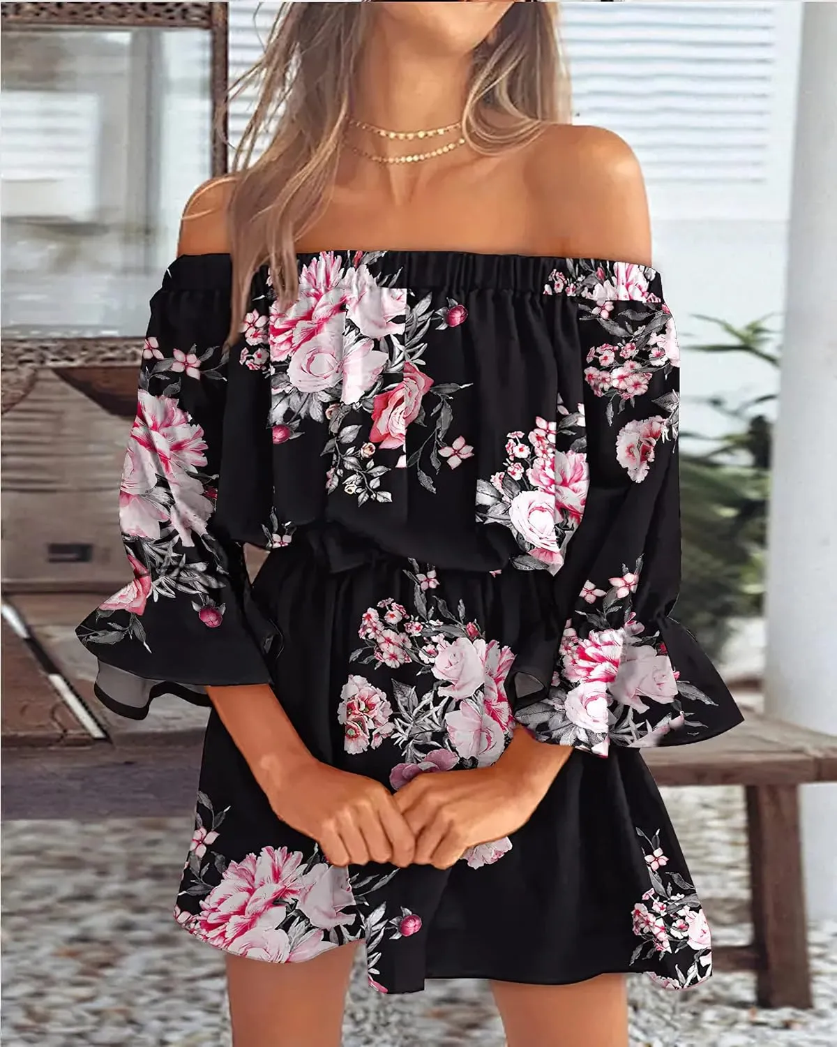 Women's Summer Floral Print One Shoulder Ruffle Bell Sleeve Dress Elegant Bell Sleeve Short Mini A Line Dress
