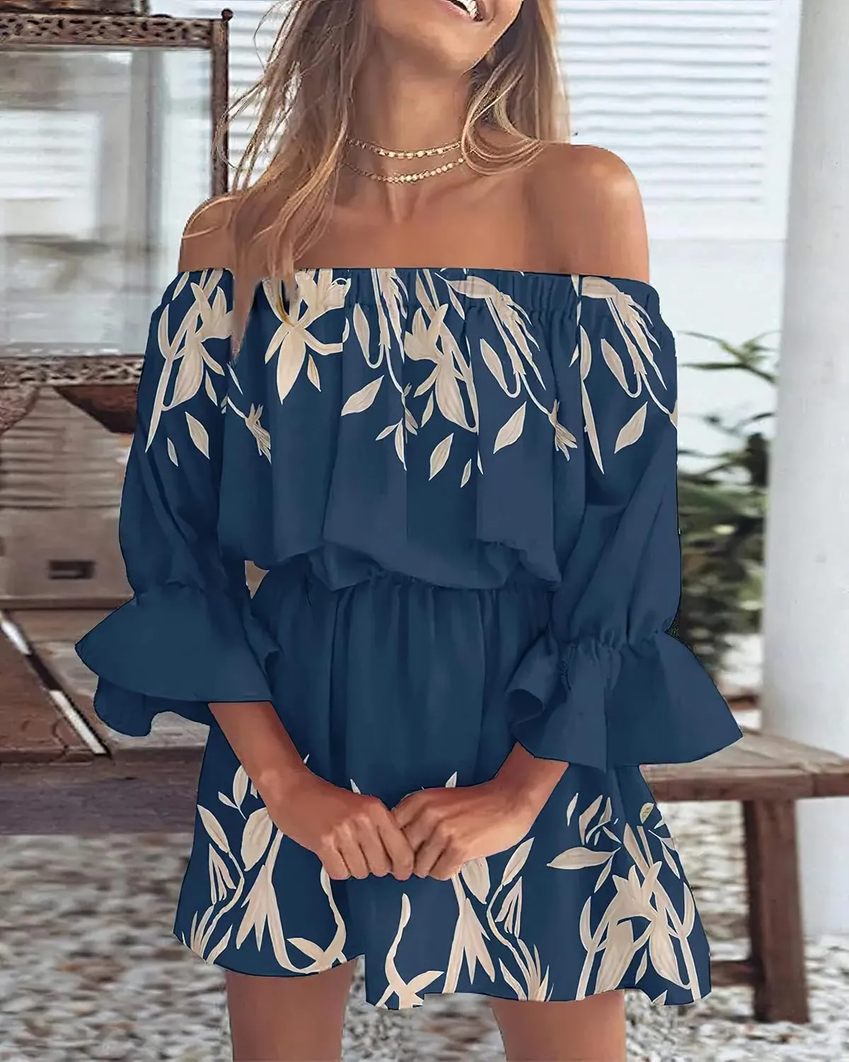 Women's Summer Floral Print One Shoulder Ruffle Bell Sleeve Dress Elegant Bell Sleeve Short Mini A Line Dress