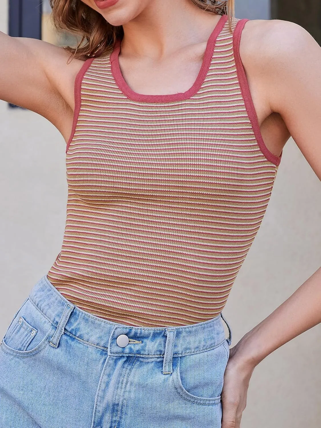 Womens Summer Knit Sleeveless Tank Tops Fitted Ribbed Knit Cami Tank Tops for Women