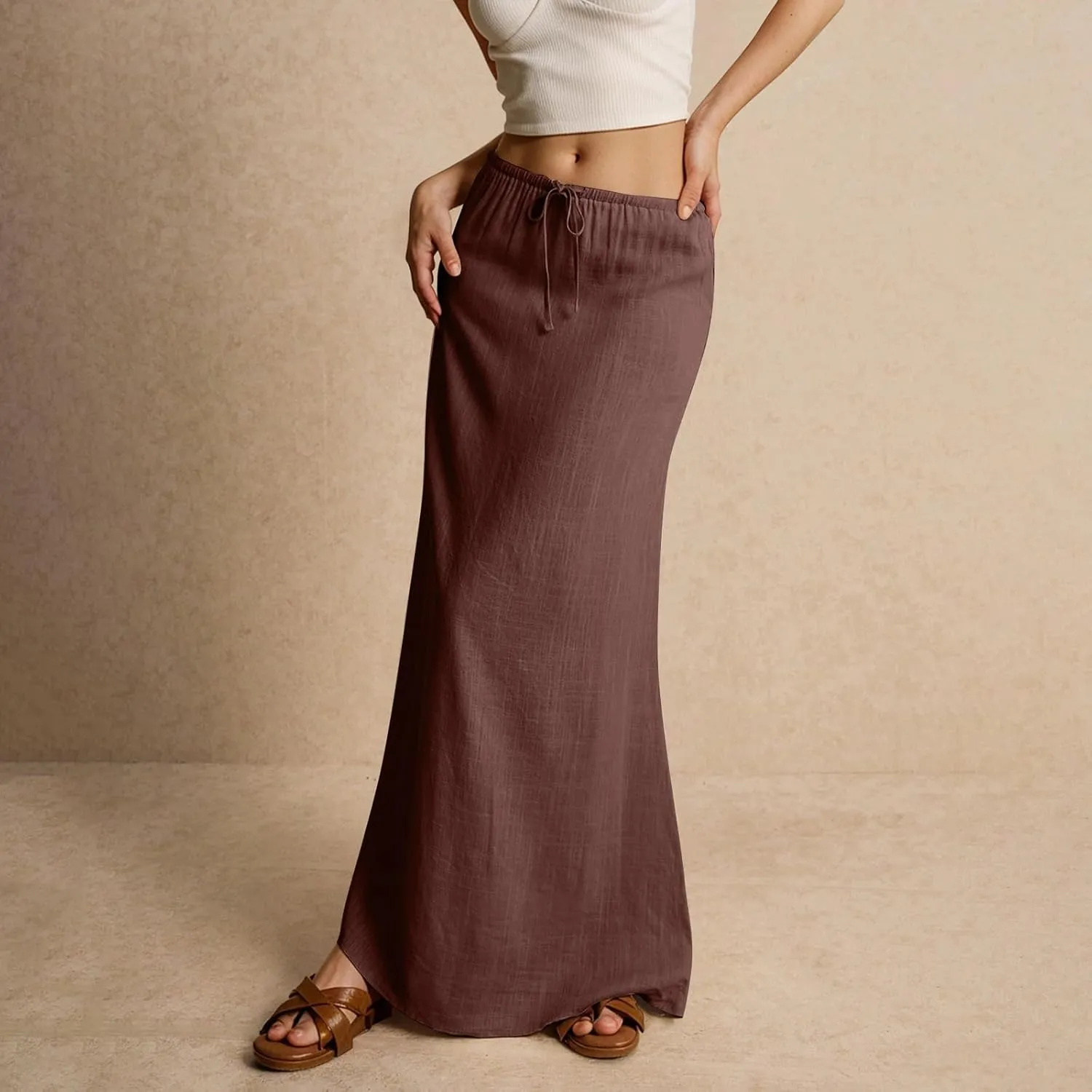 Women's Summer Maxi Linen Skirt Elastic Low Waist Drawstring A-Line Casual Skirts Boho Flowy Beach Long Skirts