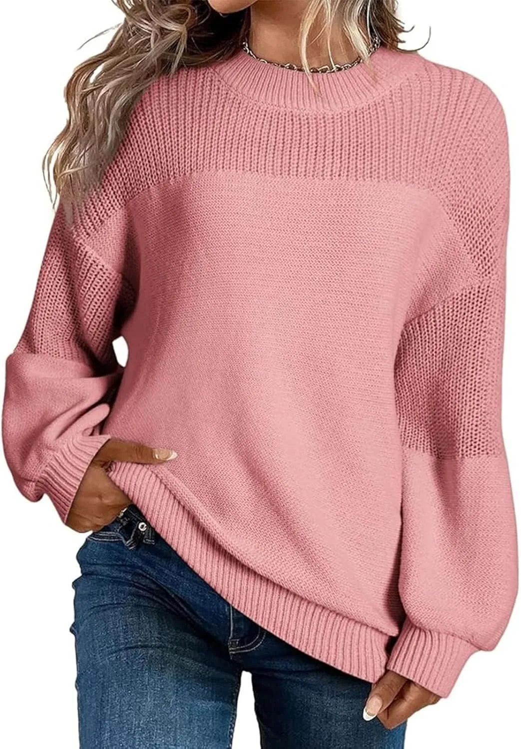 Womens Sweaters Crewneck Cable Knit Long Sleeve Pullover Sweaters Loose Casual Solid Color Jumper Tops S-XXL