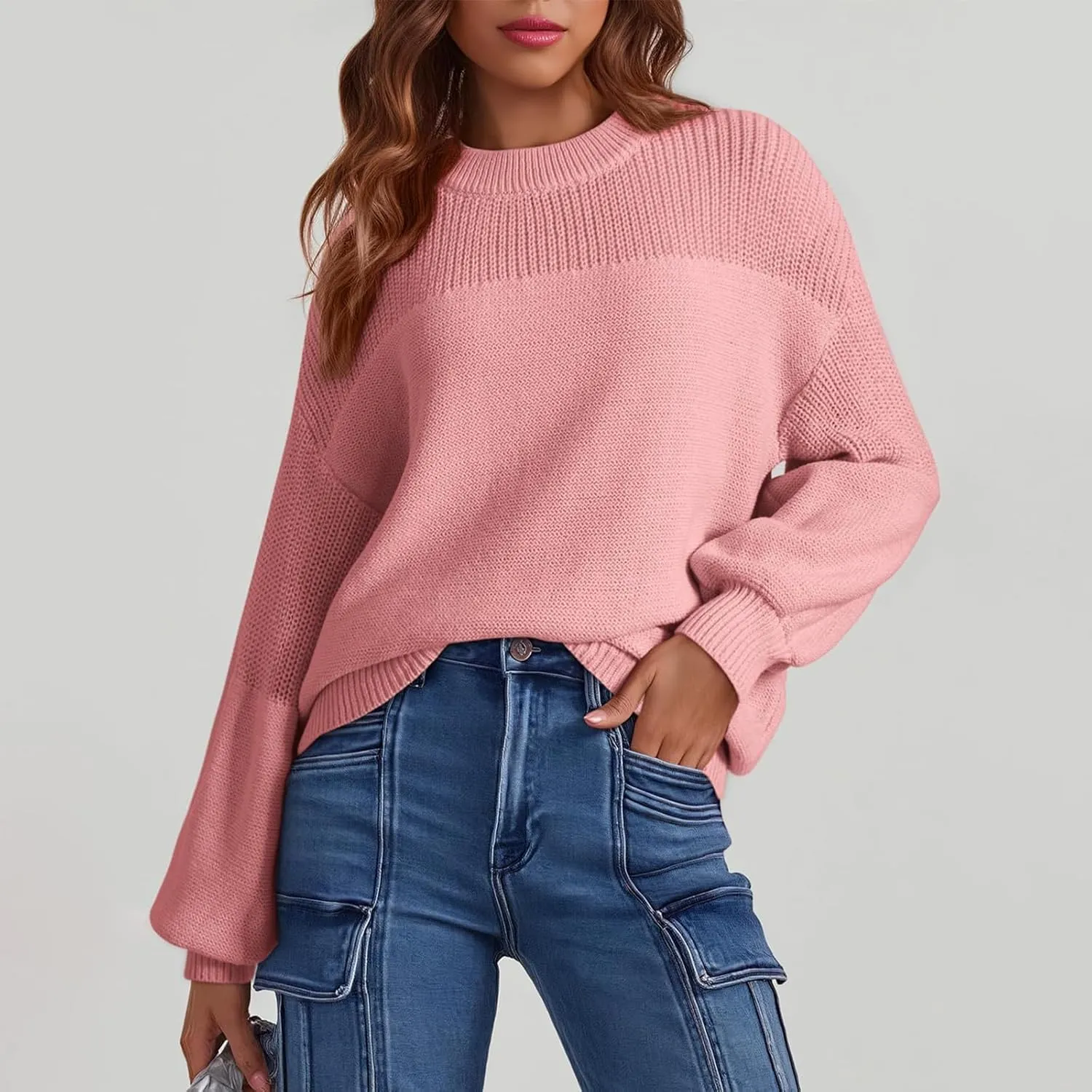 Womens Sweaters Crewneck Cable Knit Long Sleeve Pullover Sweaters Loose Casual Solid Color Jumper Tops S-XXL