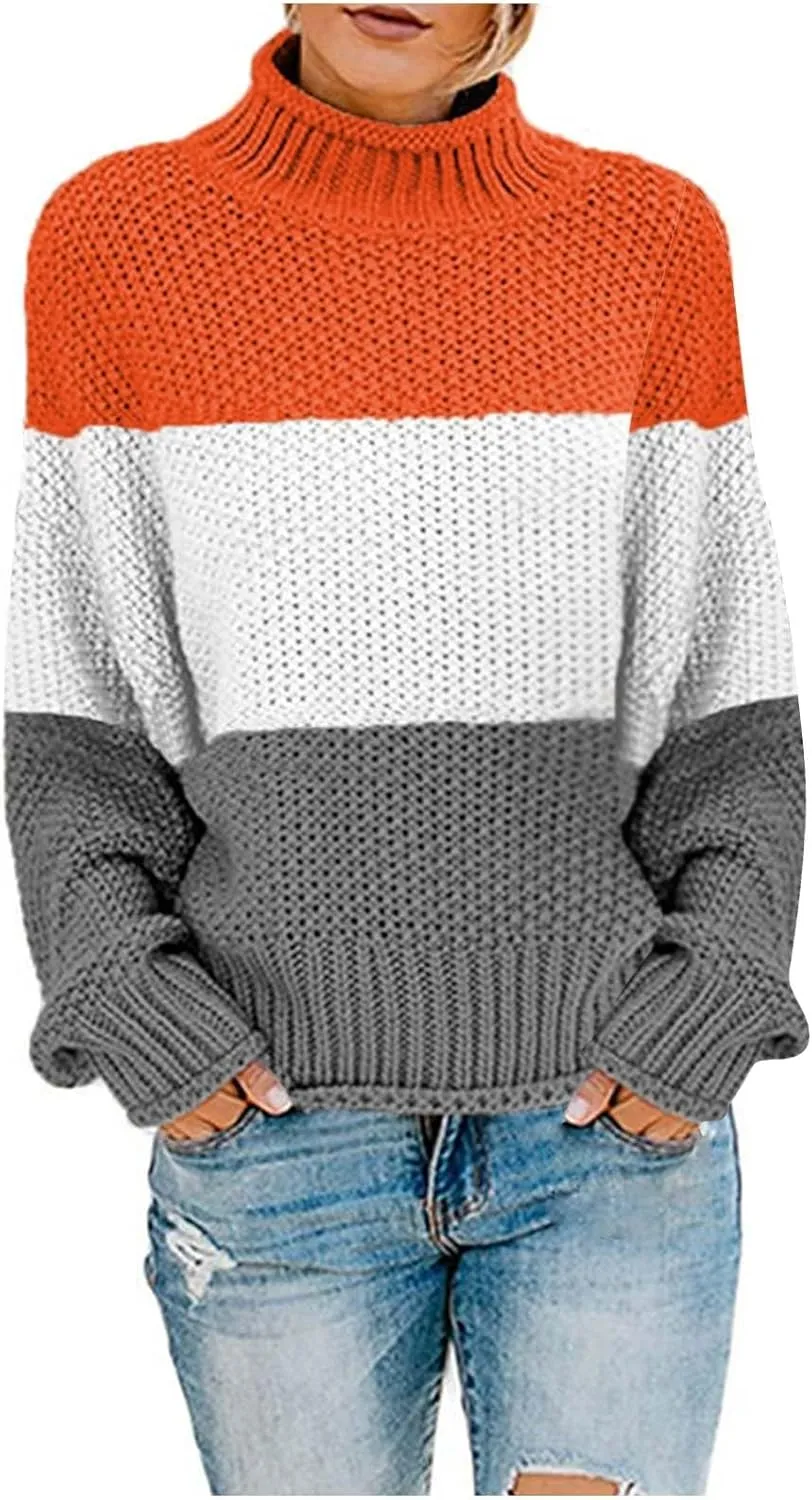 Women's Turtleneck Sweaters Fashion Color Block Chunky Knit Pullover Sweater Loose Long Sleeves Knitwear Fall Tops