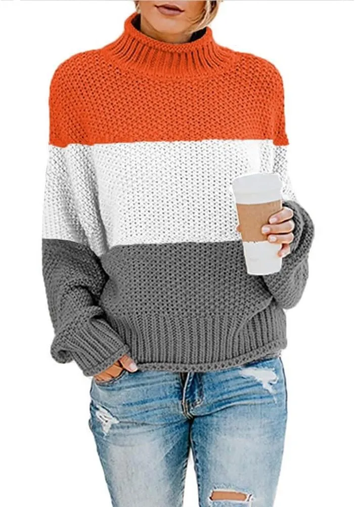 Women's Turtleneck Sweaters Fashion Color Block Chunky Knit Pullover Sweater Loose Long Sleeves Knitwear Fall Tops