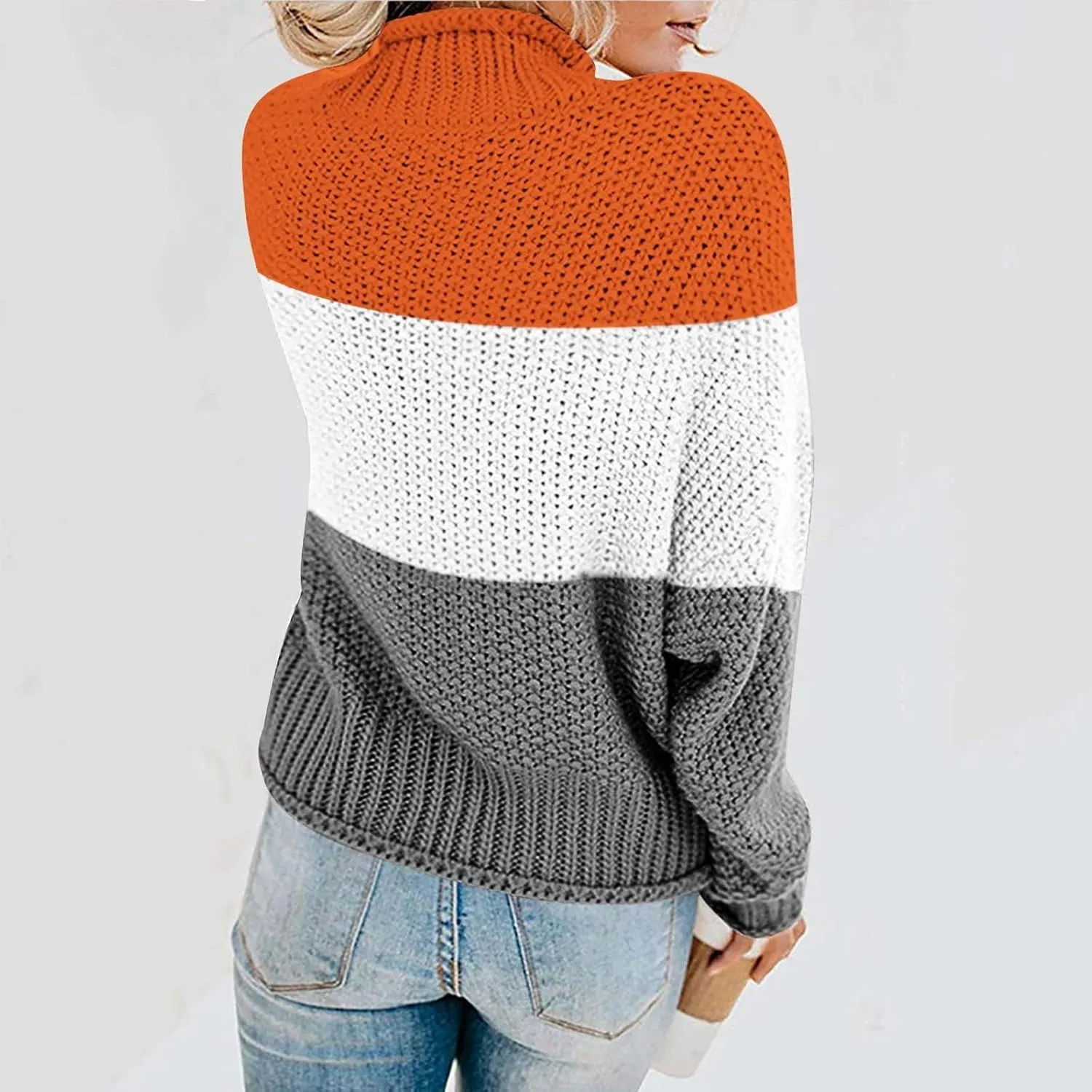 Women's Turtleneck Sweaters Fashion Color Block Chunky Knit Pullover Sweater Loose Long Sleeves Knitwear Fall Tops