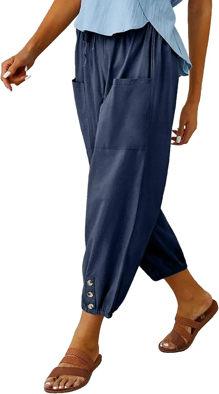 WROLEM Women's High Waist Capri Pants with Pockets Wide Leg Cropped Pants for Women - Black - Small