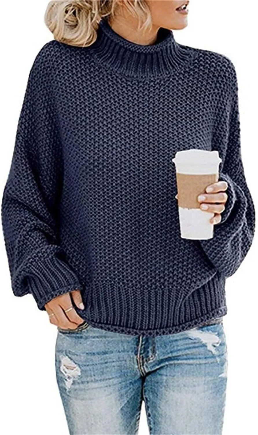 WWomen's Winter Chunky Knit Sweater Fashion Warm Solid Color Turtlenecks Long Sleeve Knit Sweater